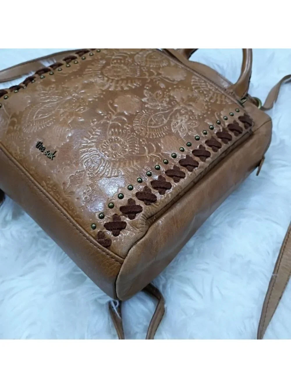 The Sak Brown Leather Embossed Convertible Backpack Purse Adjustable Straps
